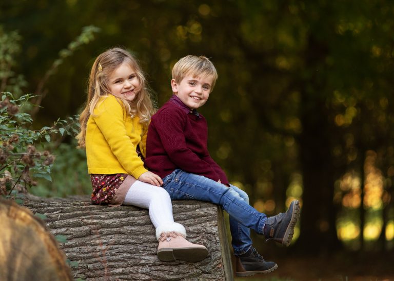 outdoor family photoshoot girl and boy sitting in tree